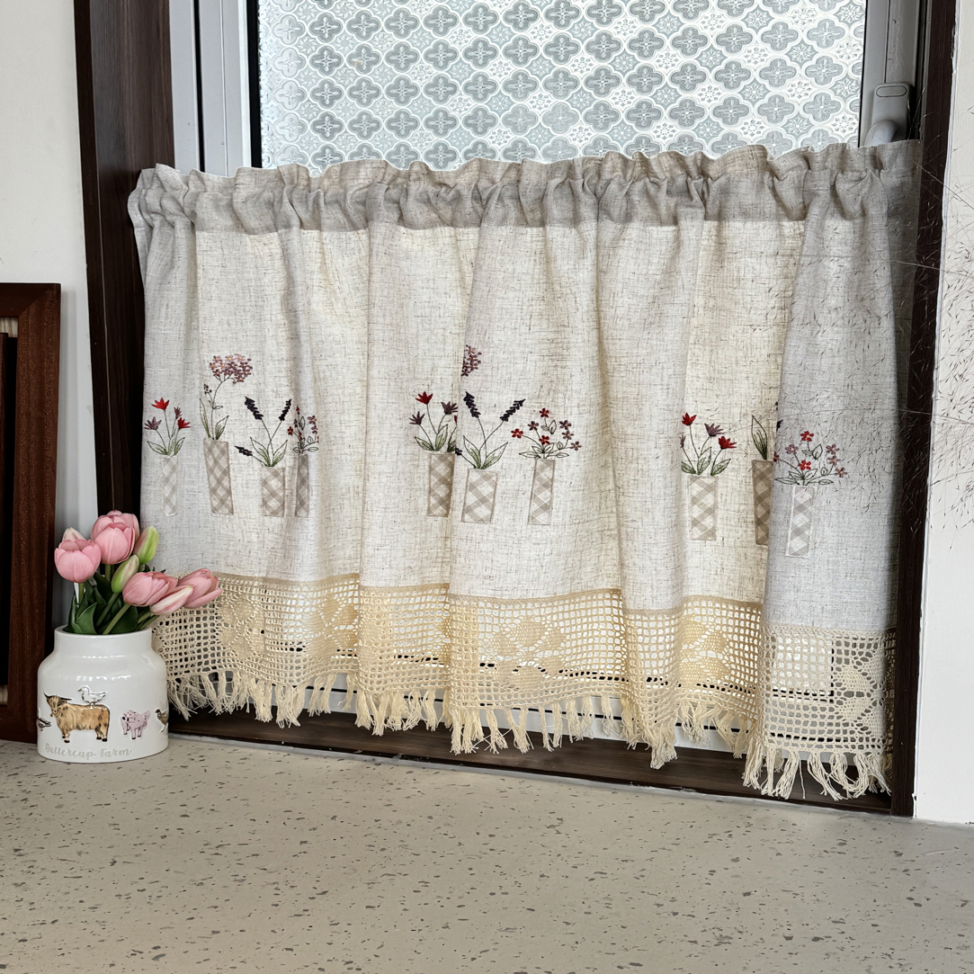 （优选）新款绣花钩花亚麻小短帘（宽140高70cm）（没有杆）