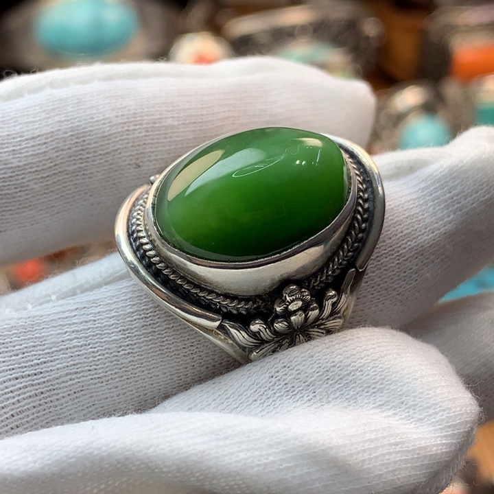 和田玉（碧玉）戒指足银镶嵌