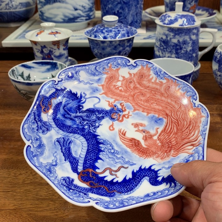 自成堂柴窑青花龙凤壶承