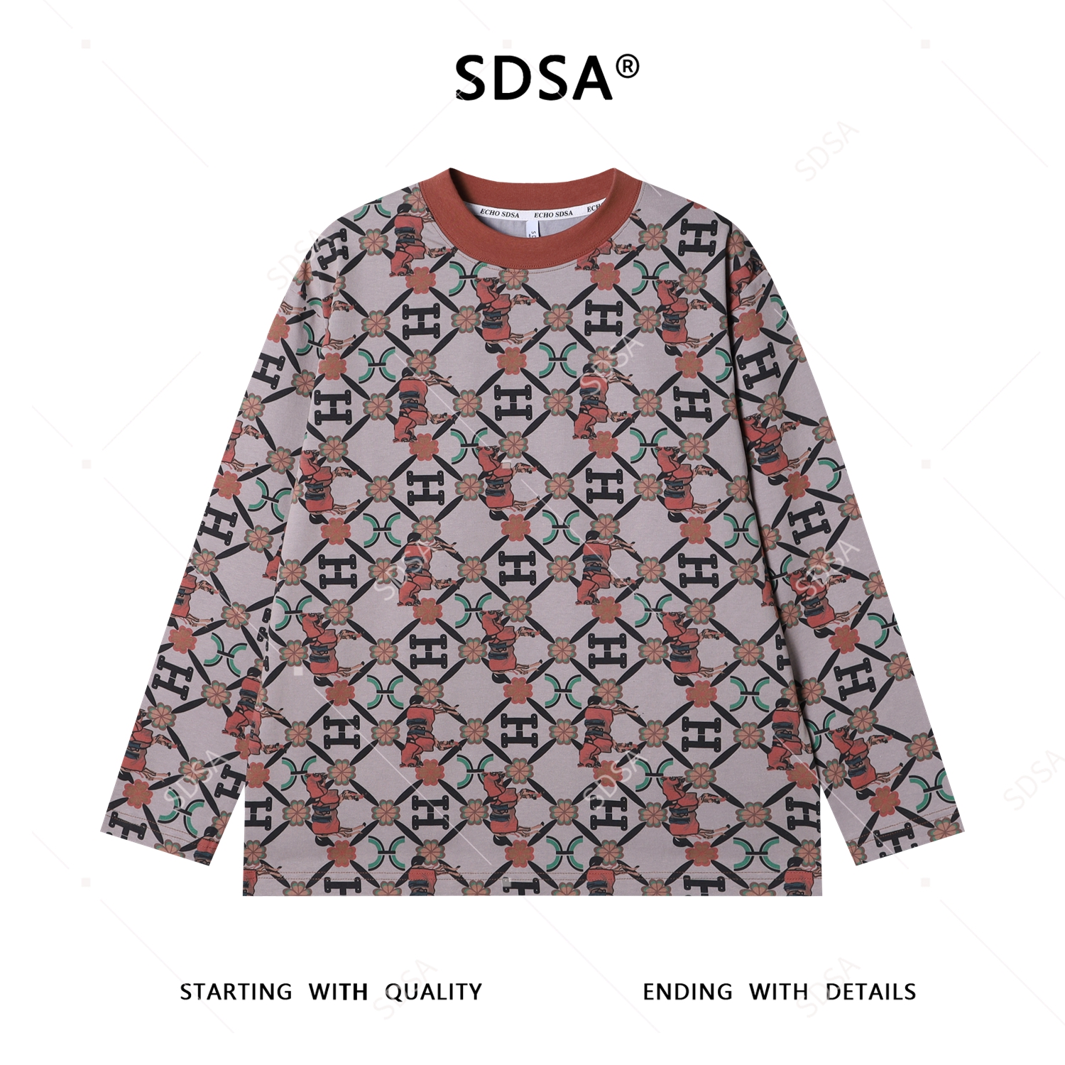 SDSA男士秋冬新款痞帅男装潮牌满印字母花卉圆领长袖T恤时尚宽松