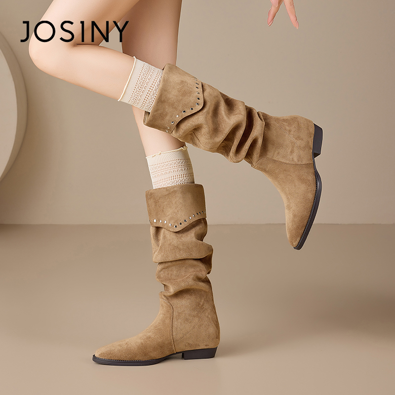 卓诗尼美拉德尖头粗跟褶皱堆堆靴2025超火长筒靴瘦瘦靴582A64444