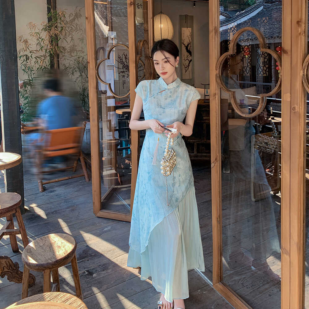 缤菓binguo 新中式青蓝色修身显瘦连衣裙女气质名媛改良旗袍裙子