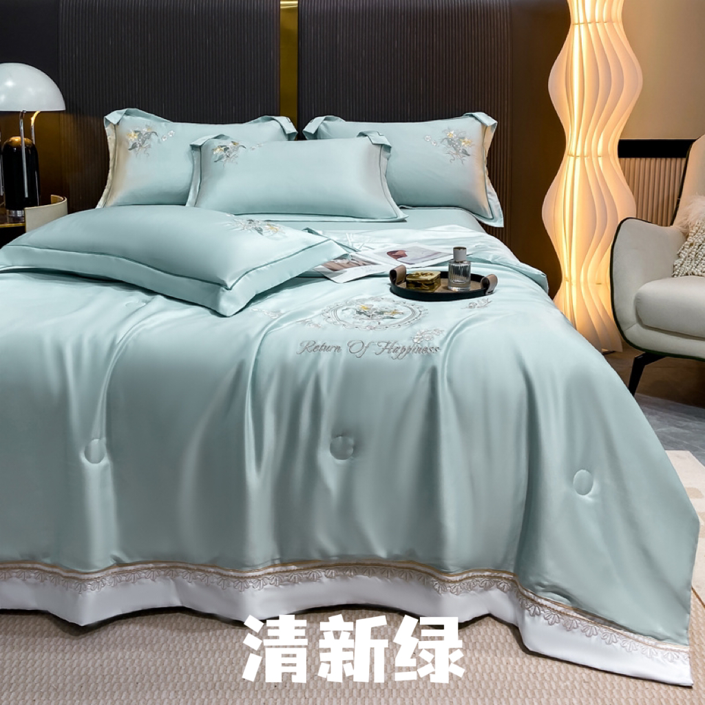莱赛尔兰精天丝刺绣夏被四件套394繁花似锦清新绿