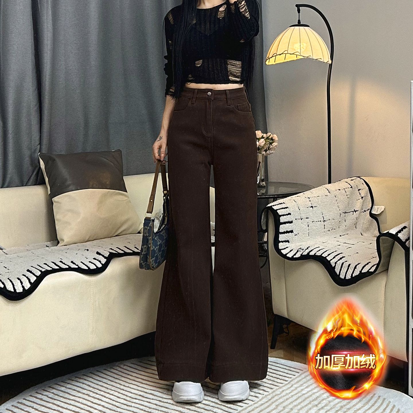 咖色不贴腿加绒微喇牛仔裤女2025秋季新款小个子高腰宽松直筒拖地