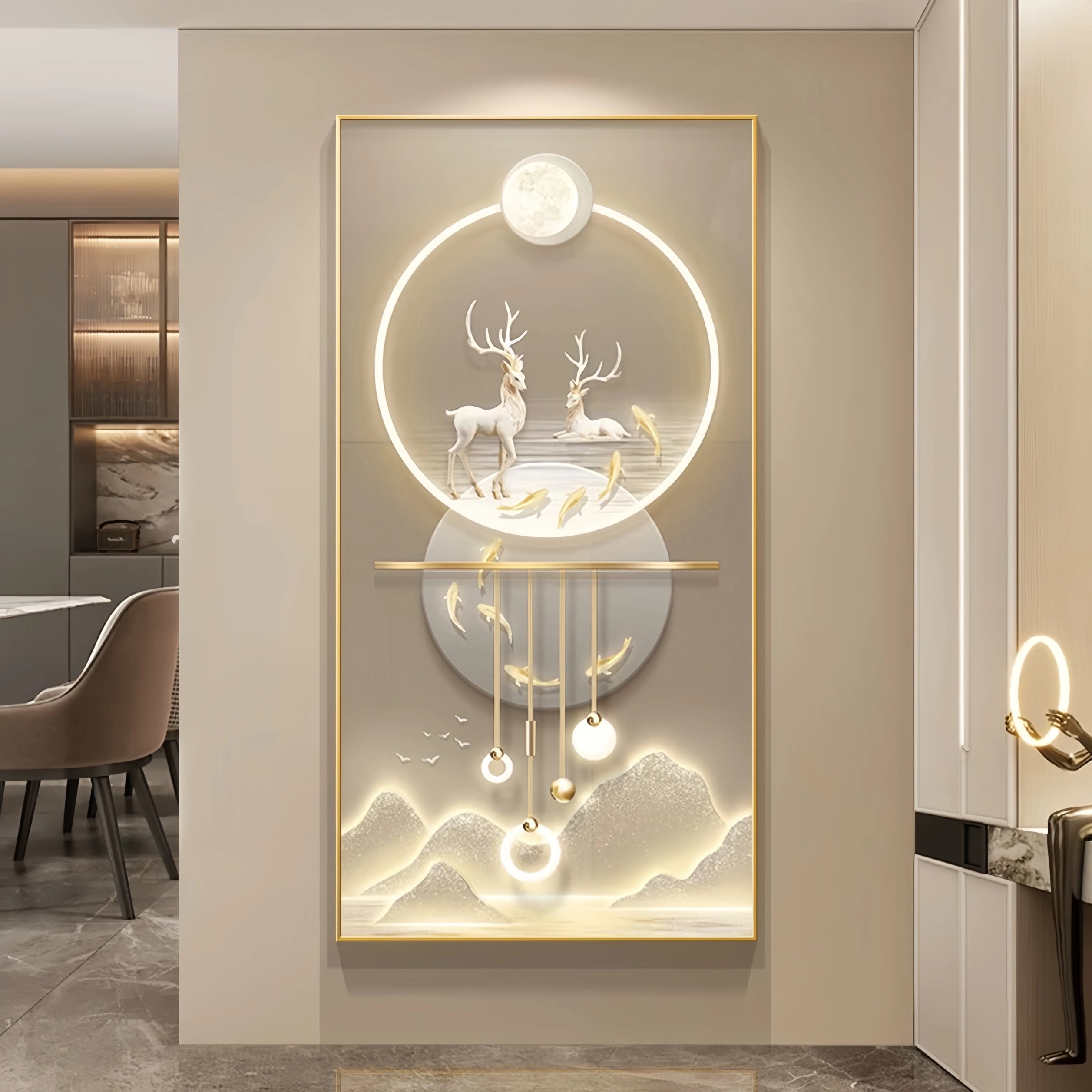 大气轻奢现代高级感九鱼麋鹿镶钻晶瓷入户玄关装饰画