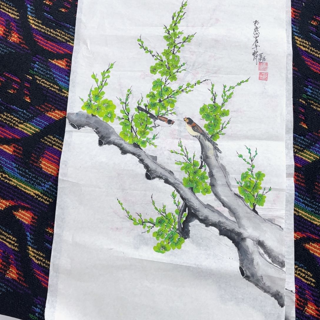 国画周芳莲三尺花鸟朱