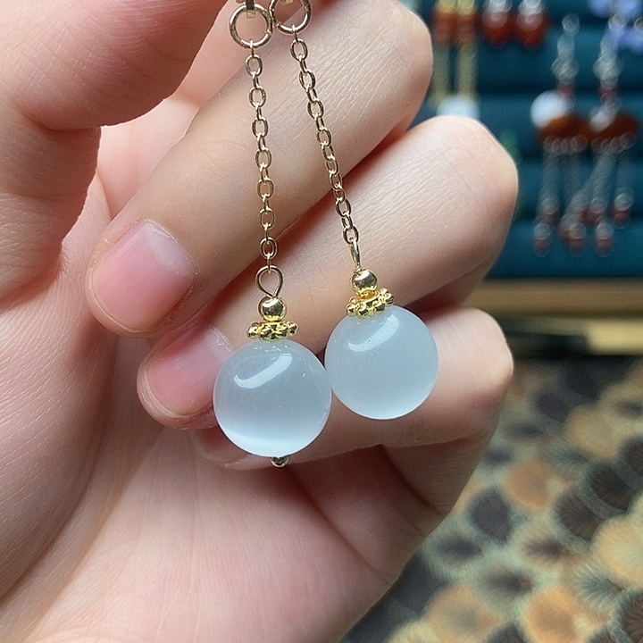 石英质玉耳钉银S925镶嵌