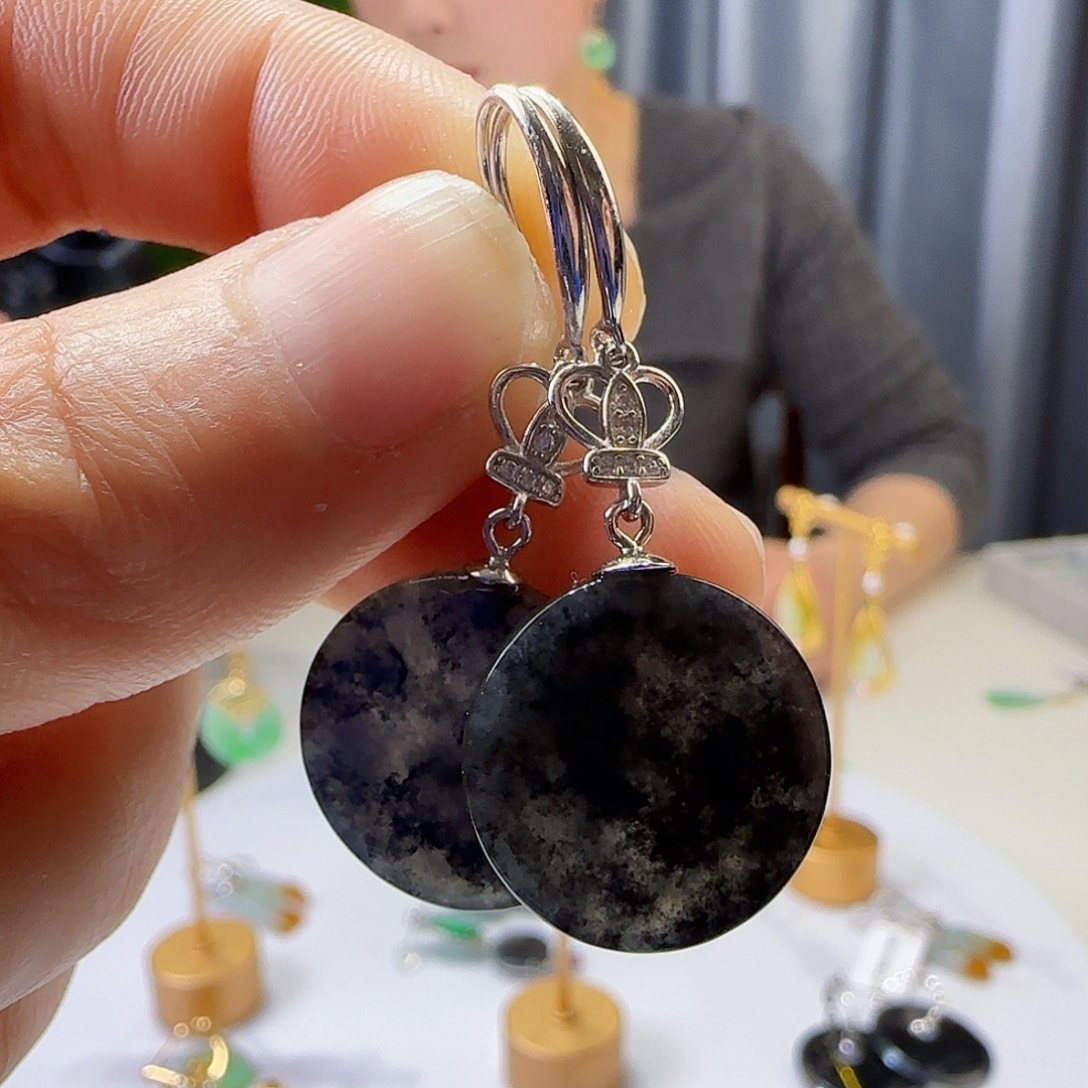 翡翠耳饰银S925镶嵌天然缅甸