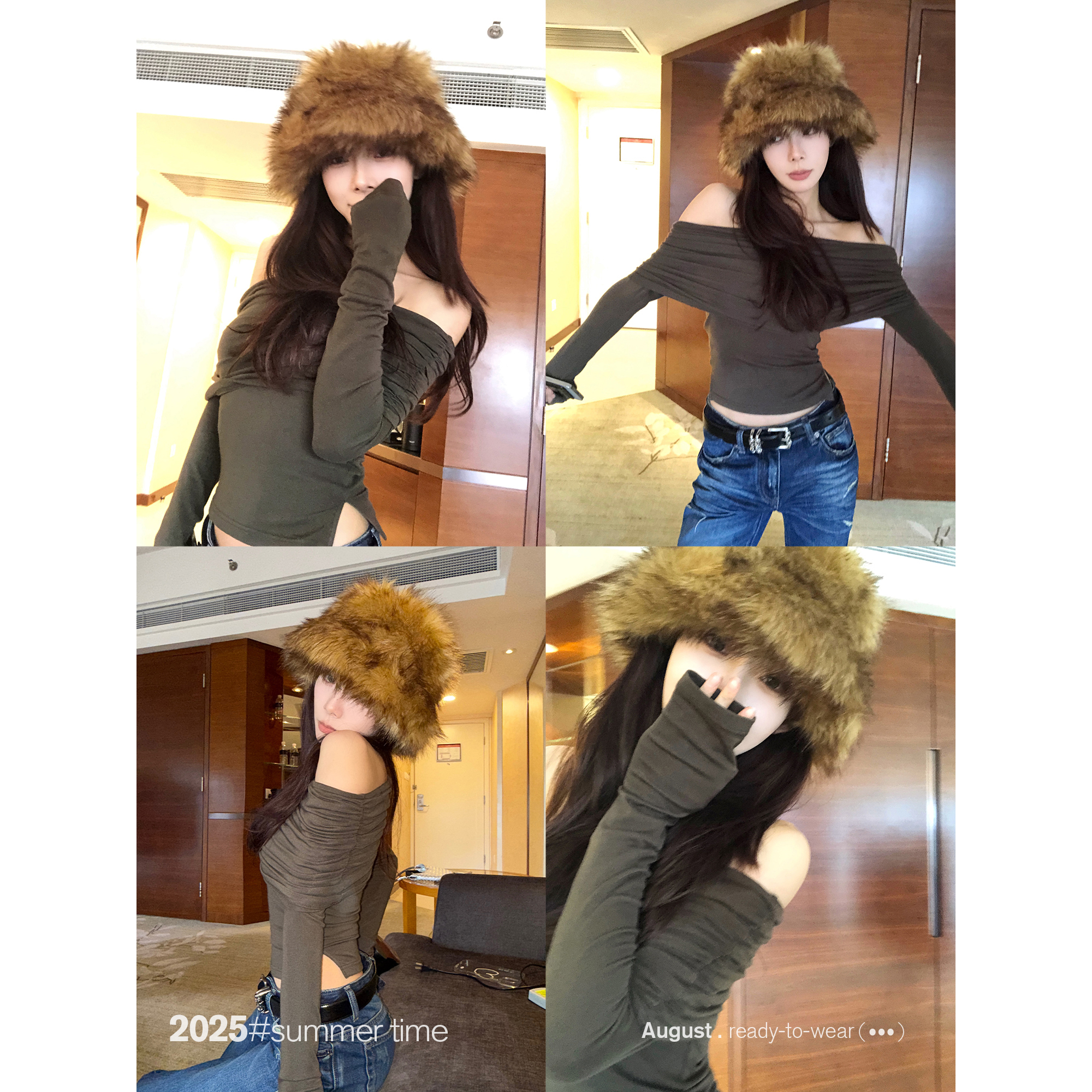 SUNONEONE 天丝一字肩两穿长袖打底T恤女秋季修身小众上衣H1335C