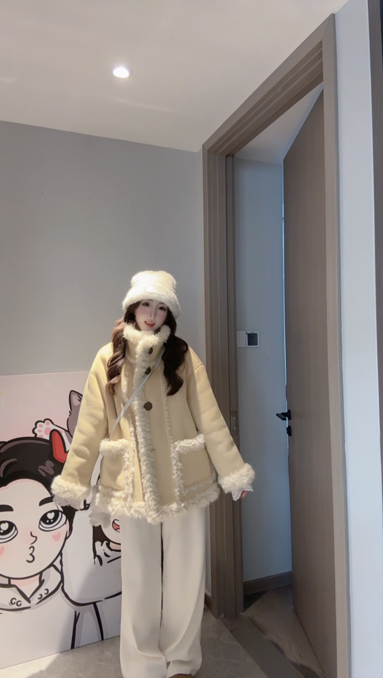 【樱花故事】粉色拼接长款毛毛外套女冬新款加厚时尚