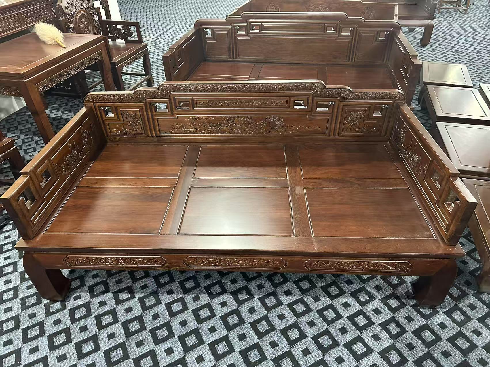 满雕国色天香罗汉床全榆原木全榫卯结构办公客厅古典款式