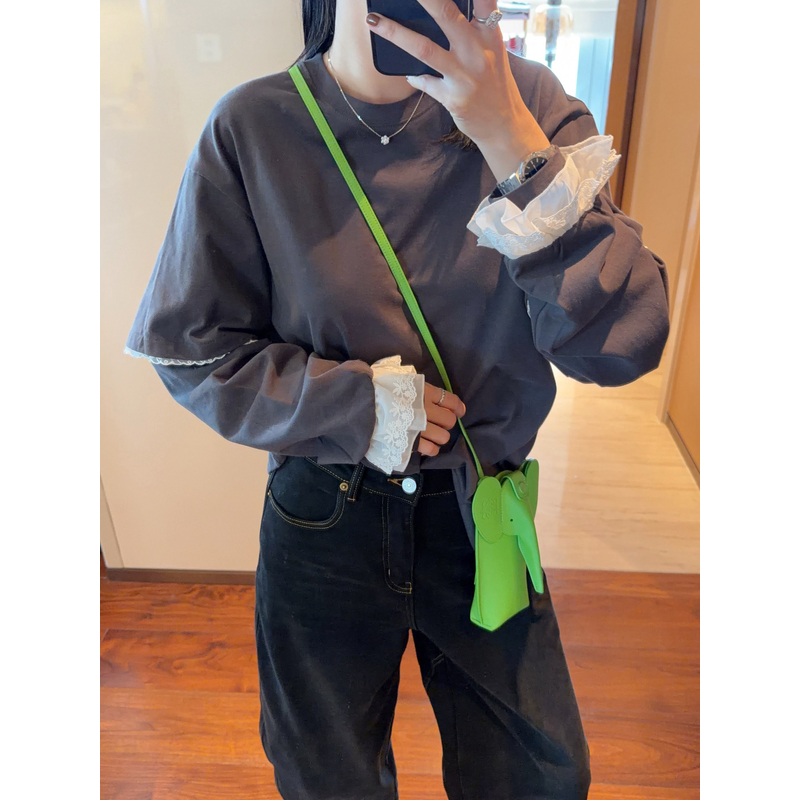 【张静芝】韩国新品~蕾丝花边拼接百搭假两件宽松女生灰色T恤