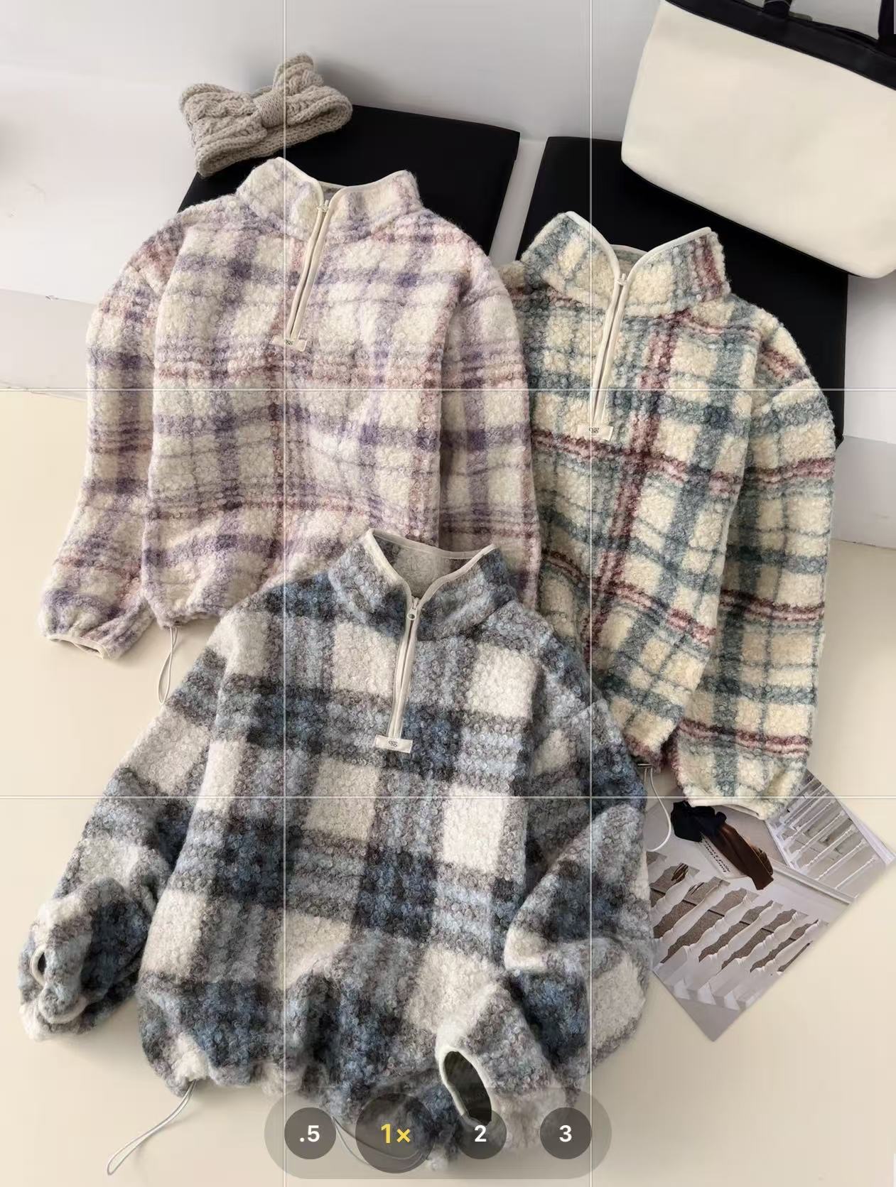 090【冬季新款】彩色格纹胸口订标加厚糕糕毛半拉链休闲卫衣（5DW66）