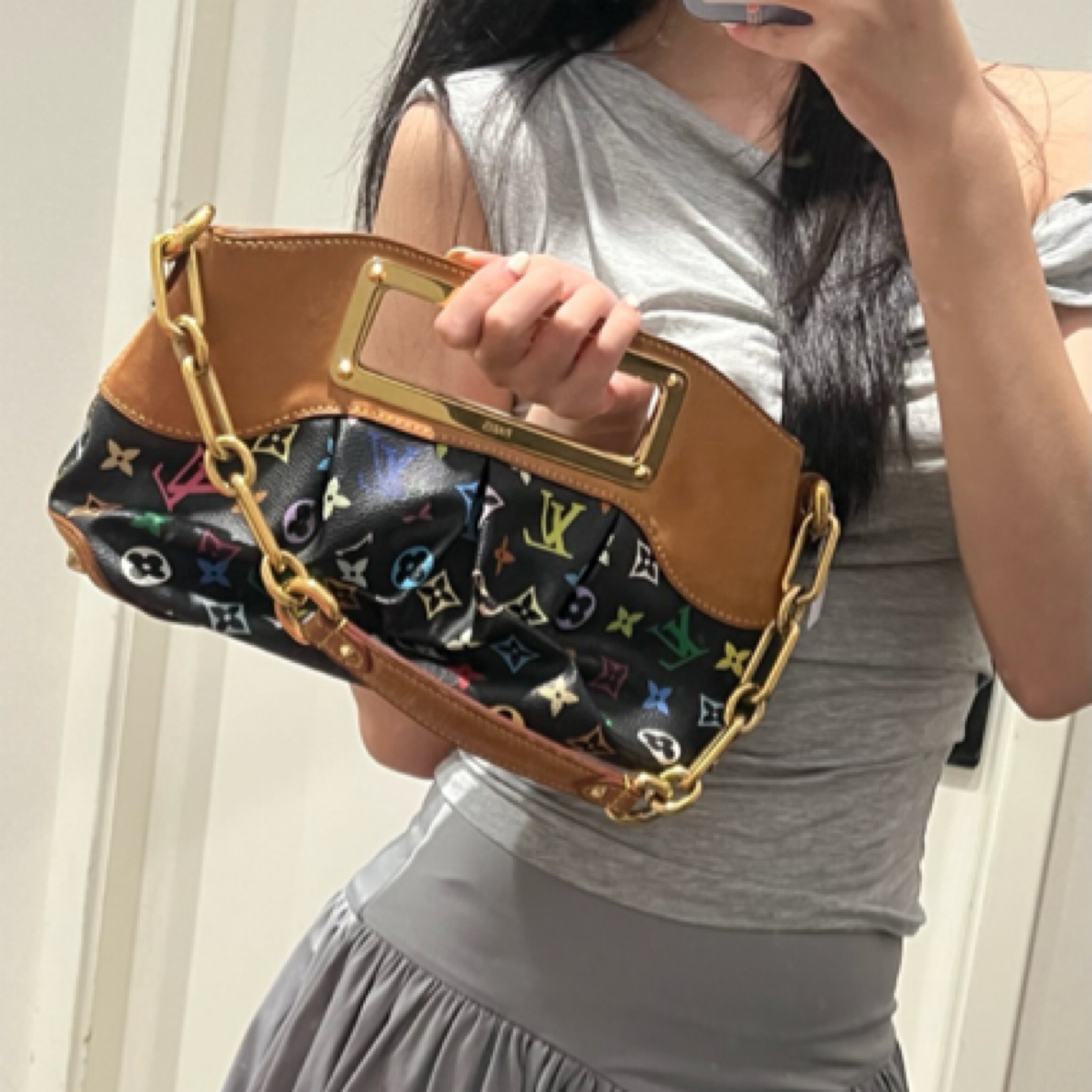 95新 LouisVuitton/路易威登 黑三彩judy小号腋下包/且曼