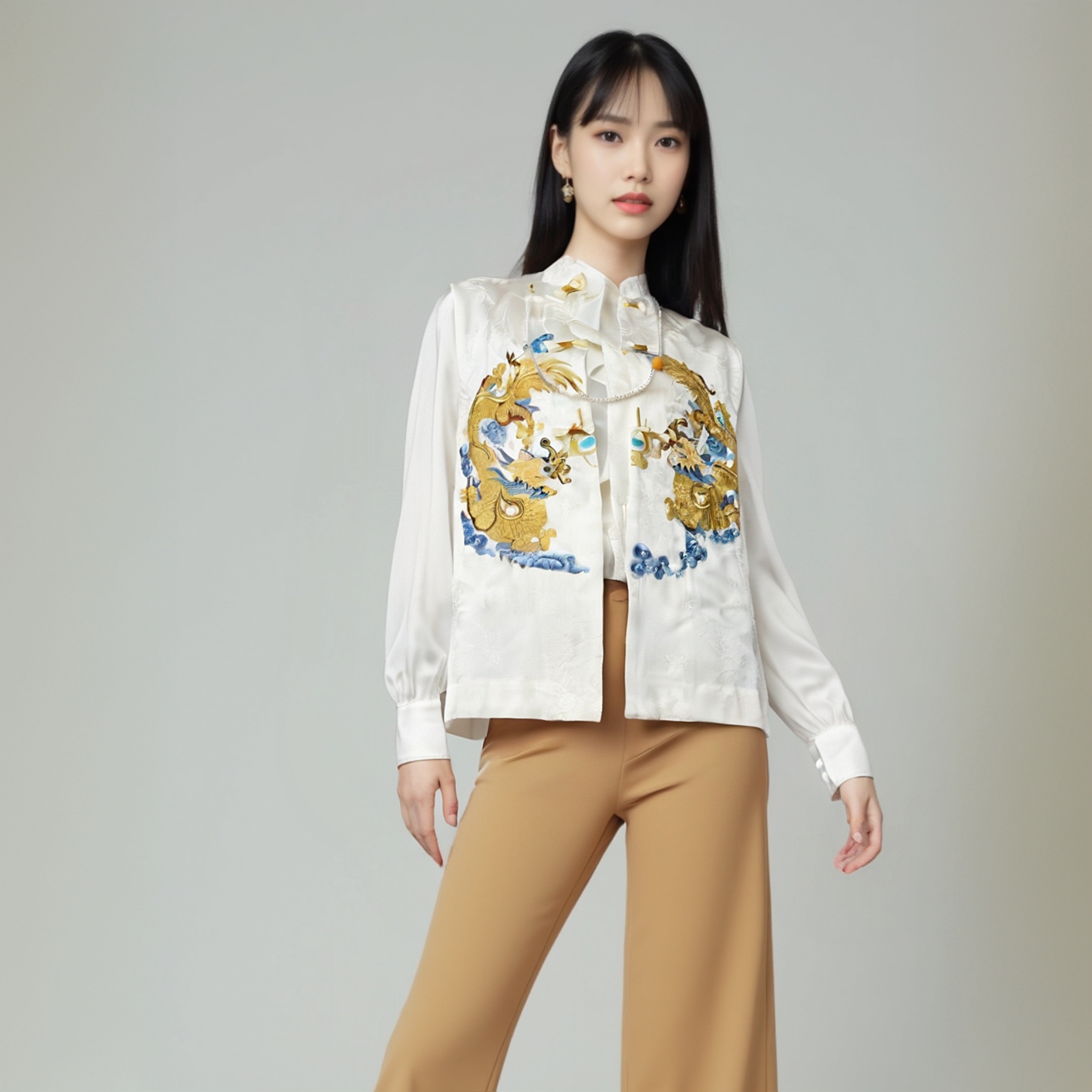 时尚新款爆款新中式女装中国风双龙盘扣刺绣马甲