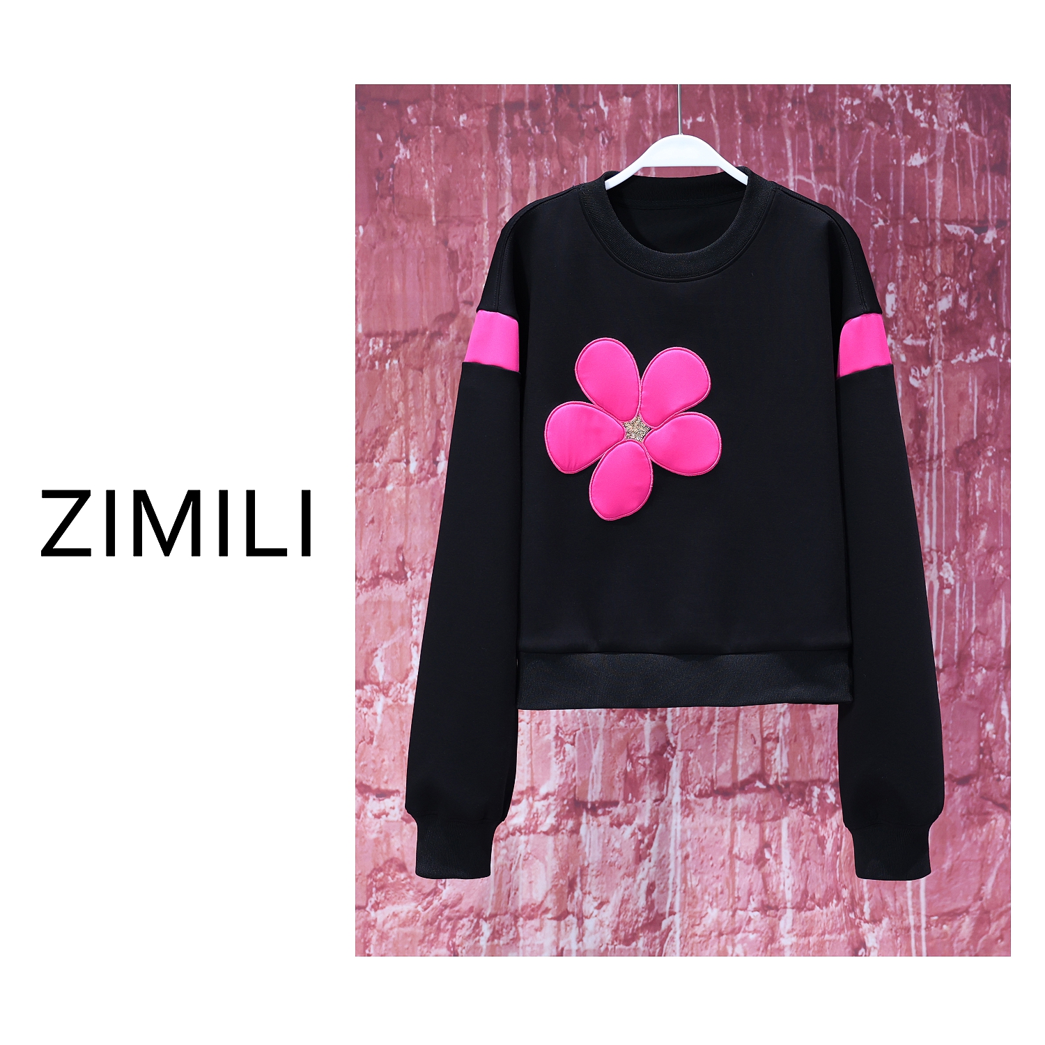 【LIANG哥女装】2025春季小众高定款午夜黑撞色刺绣圆领卫衣6018