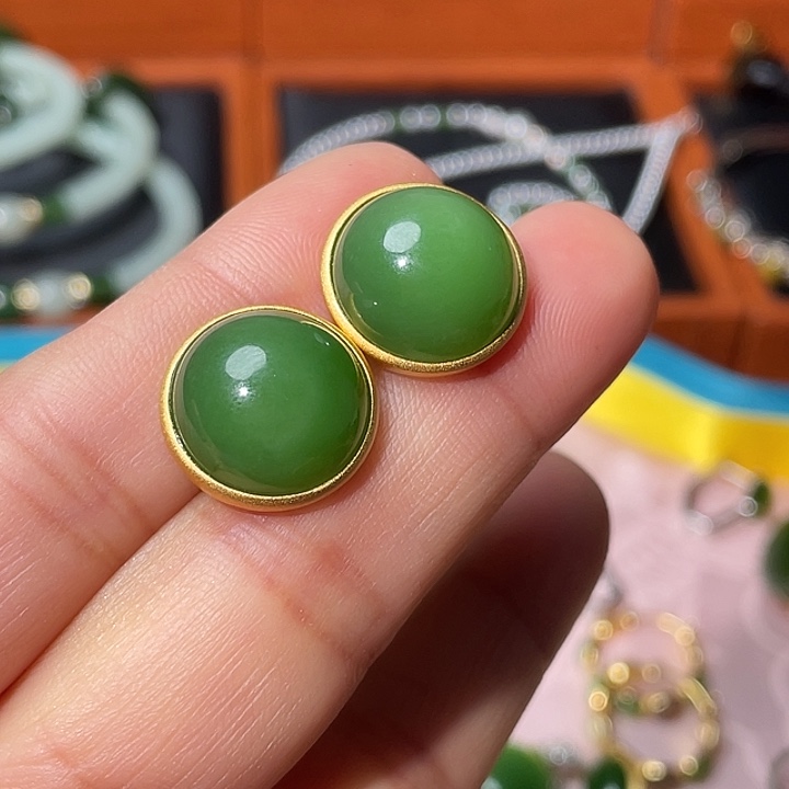 和田玉（碧玉）银S925镶嵌耳饰