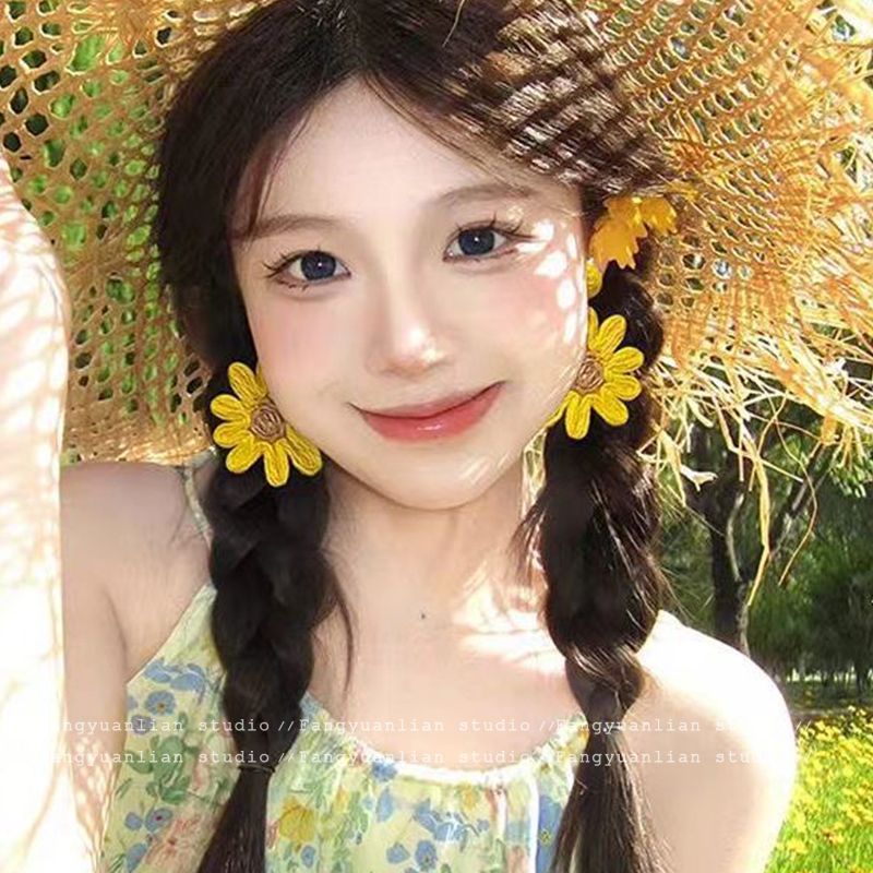 夏威夷海岸海边度假风编织花朵耳钉女夸张耳环方圆脸显脸小耳饰