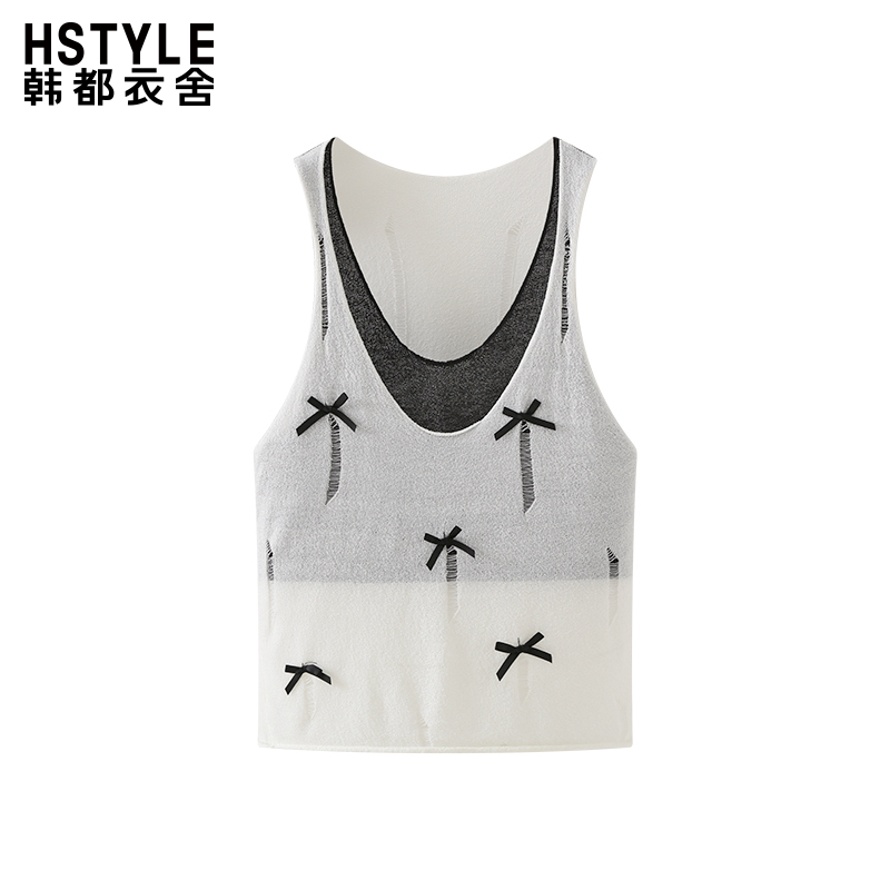 韩都衣舍时尚假两件立体蝴蝶结针织背心女纯欲性感吊带衫夏季新款