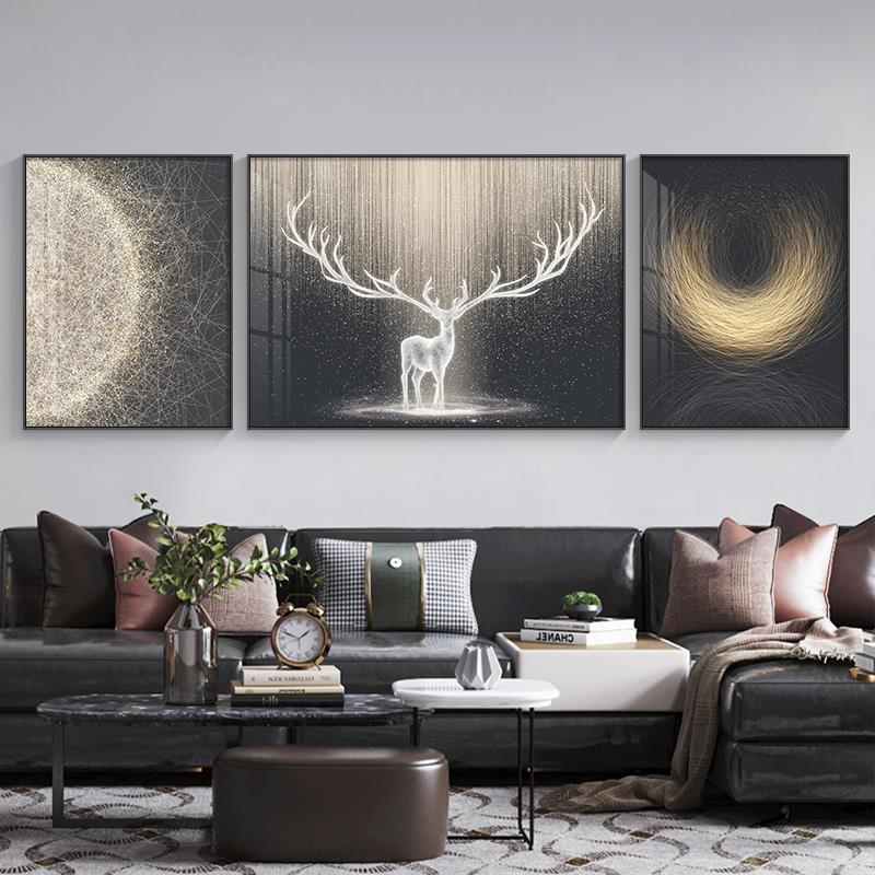 现代轻奢客厅装饰画抽象艺术沙发背景墙壁画高档三联组合麋鹿挂画