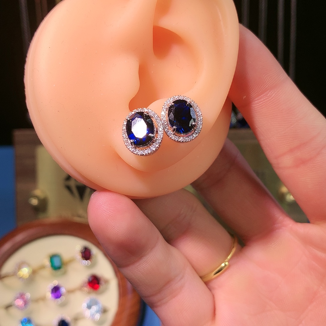 蓝宝石耳饰银S925镶嵌