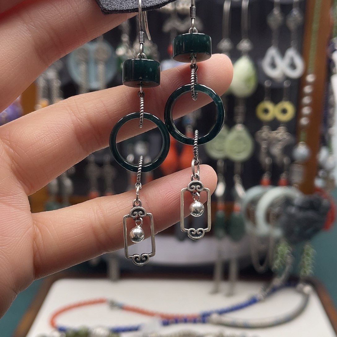 翡翠耳饰银S925镶嵌饰品