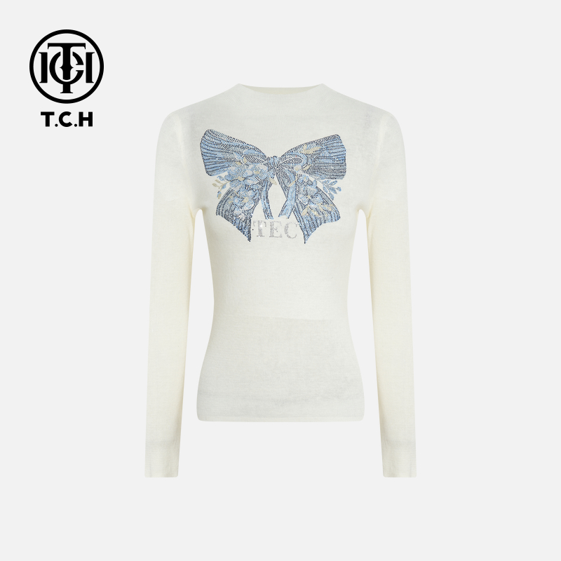TCH私服秋季氛围感烫钻时尚淑女米色针织衫T75D09E1016轻奢tch