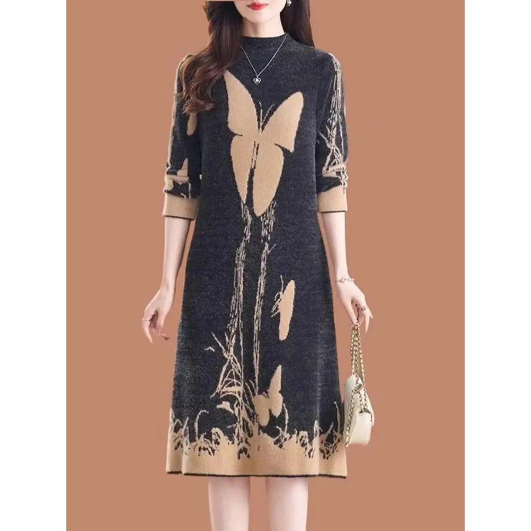 半高领蝴蝶提花仿水貂绒连衣裙秋冬新款洋气加厚中长款毛衣打底裙