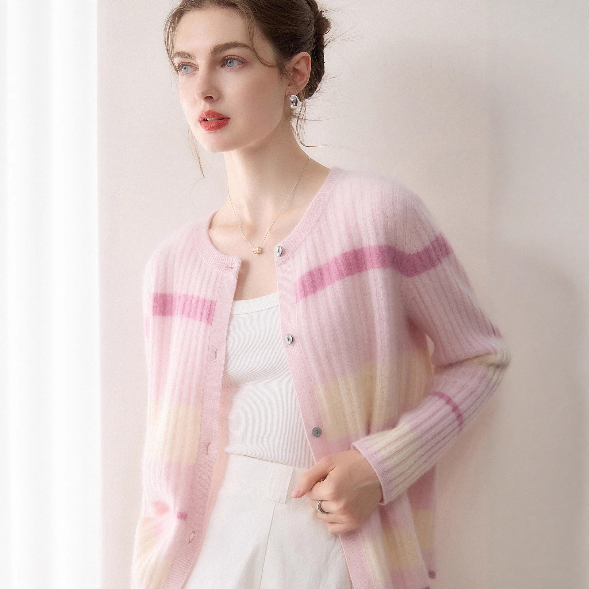 100%纯山羊绒开衫女圆领彩条宽松百搭简约休闲拼色针织毛衣外套 