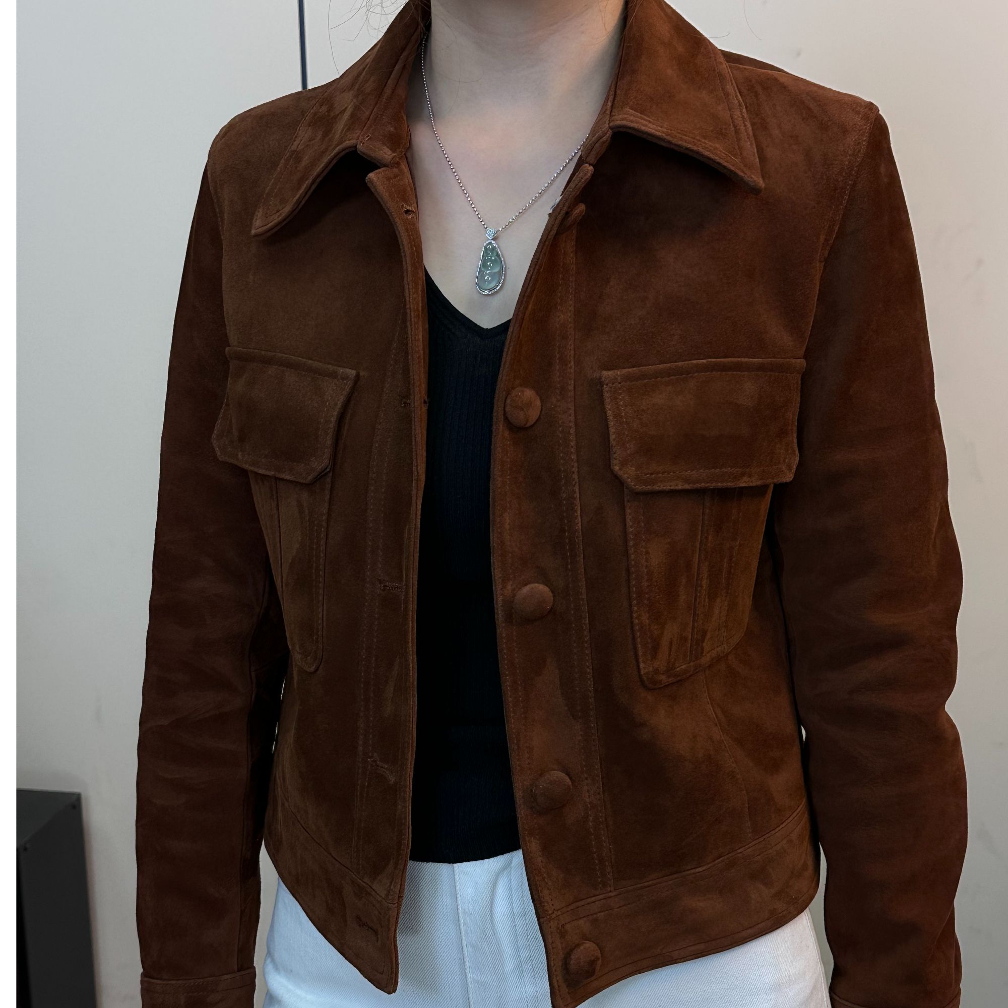 山羊绒短款棕色时尚休闲百搭真皮复古翻领宽松