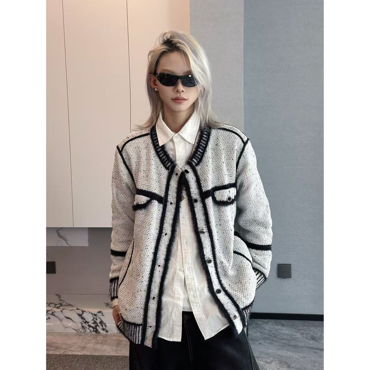 秋冬季小香风针织开衫外套慵懒撞色cleanfit复古拼接设计感毛衣