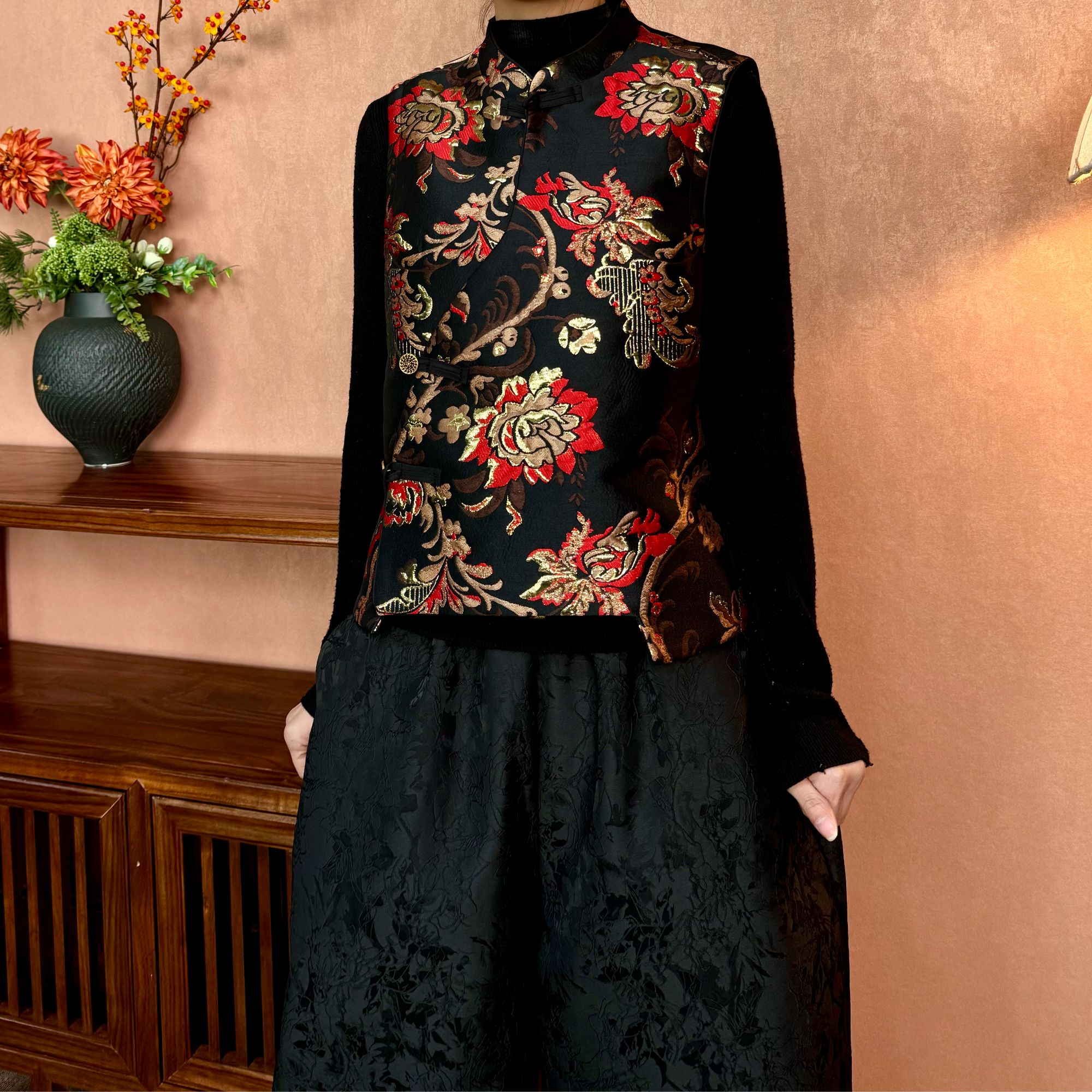 【花开富贵】新中式马夹立领百搭提花春款中国风马甲