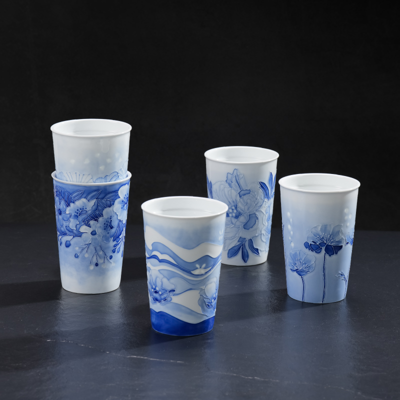 景德镇青花玲珑可乐杯家用陶瓷带盖子单杯大容量随行杯办公杯