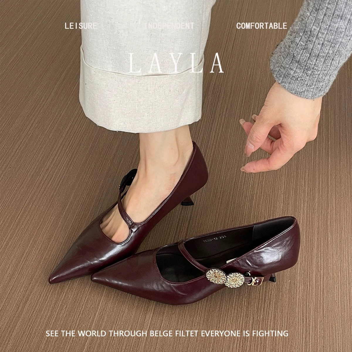 啄木鸟法式尖头气质金属扣一字带高跟鞋女浅口低跟春夏黑色单鞋女