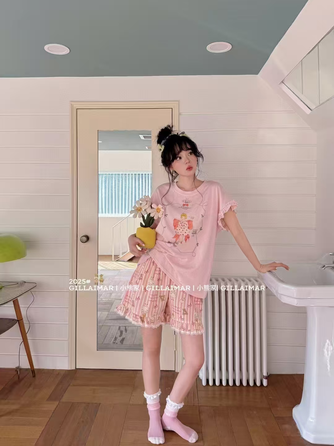 伊涵家正品小熊短裤女孩套装家居服