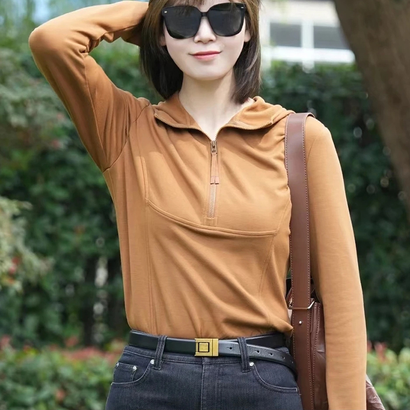 商场同款25冬季新款通勤修身简约连帽纯色拉链保暖卫衣T恤5301062