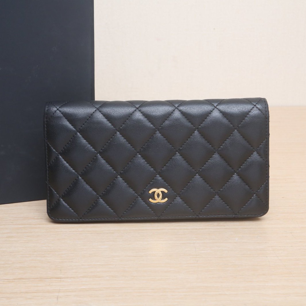 95新 Chanel/香奈儿 活动黑黑CF 长款两折钱包 黑色 皮革S 19开 