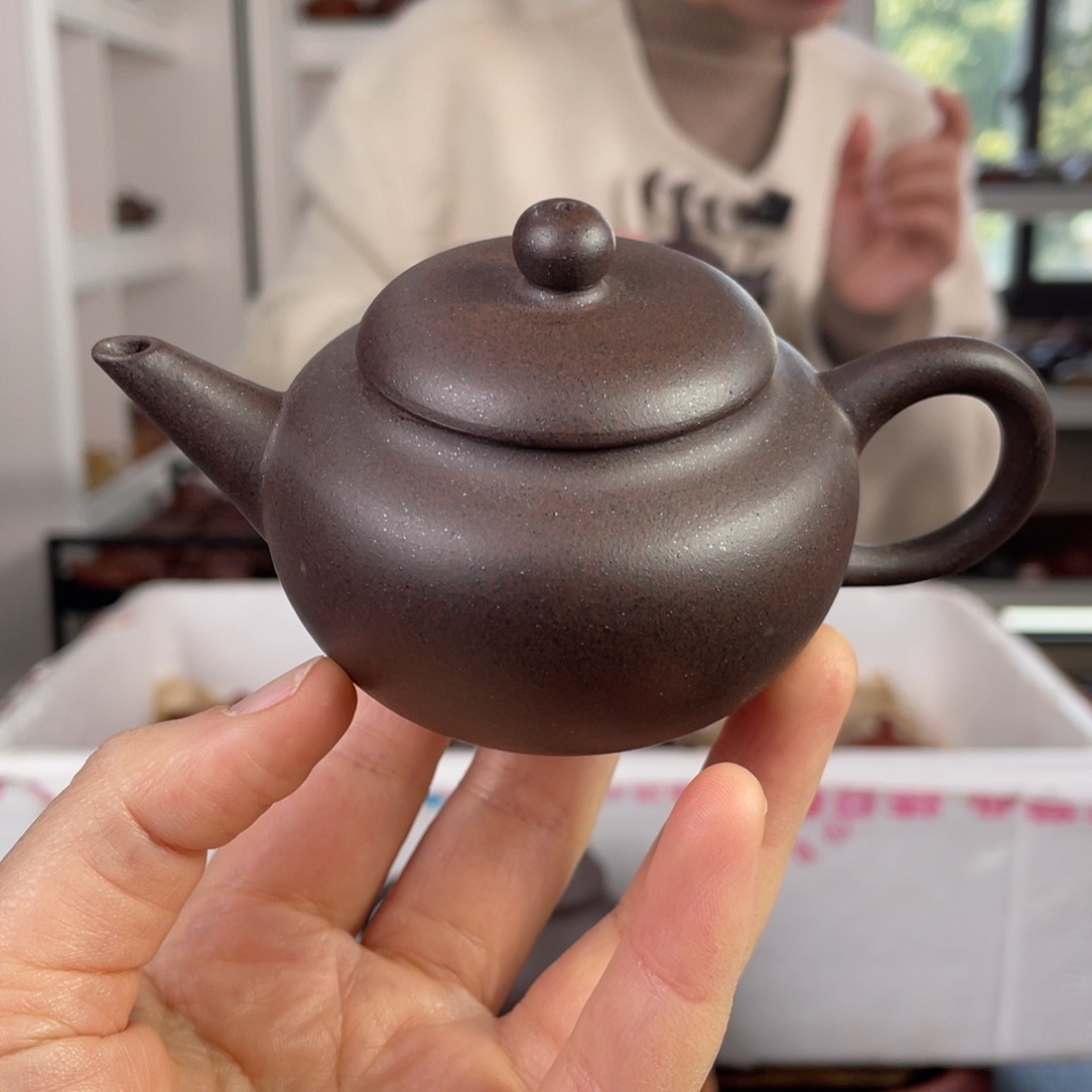 紫砂茶壶黑星土扁水平120cc