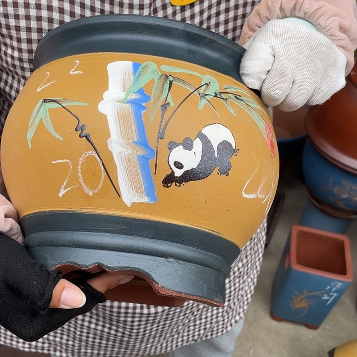 黄蓝熊猫鱼缸小花盆紫砂花盆紫砂