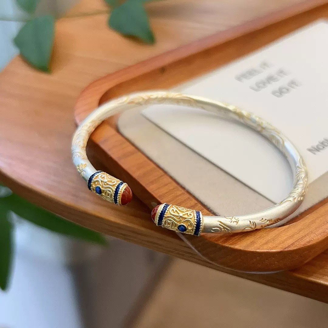 足银手镯 M42唐草纹珐琅描金手镯贵气大气