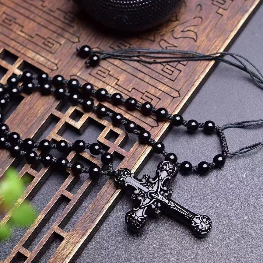 天然黑曜石雕刻十字架吊坠项链男女挂坠