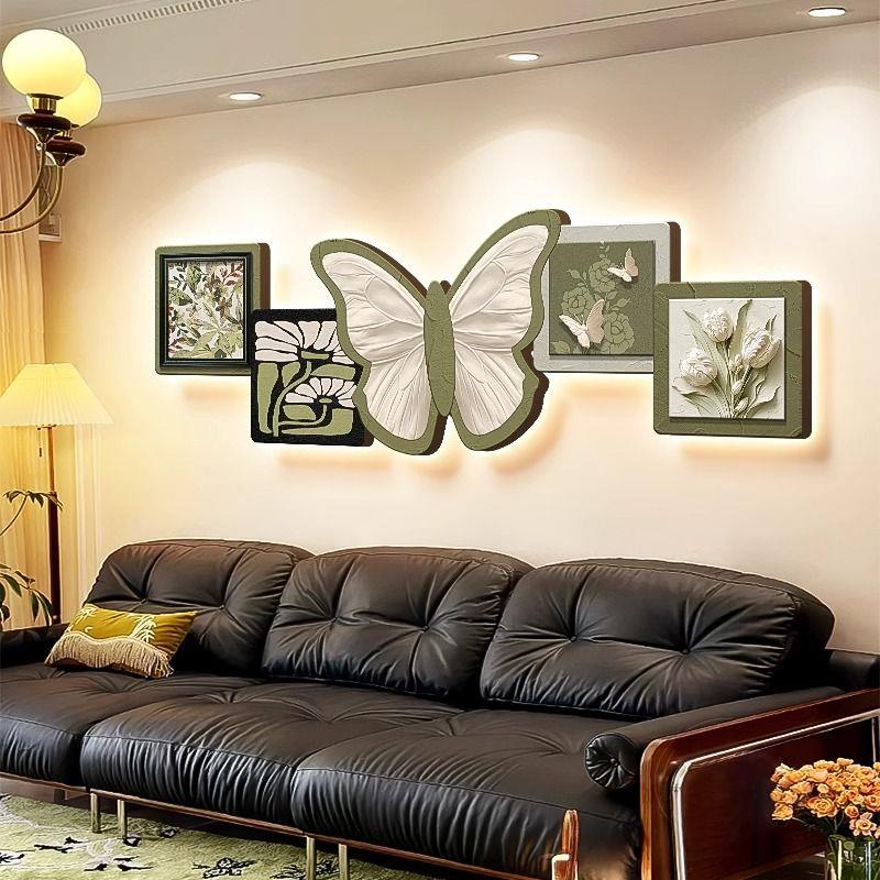 中古风客厅装饰画绿色蝴蝶花卉沙发背景墙挂画高级感复古灯墙壁画