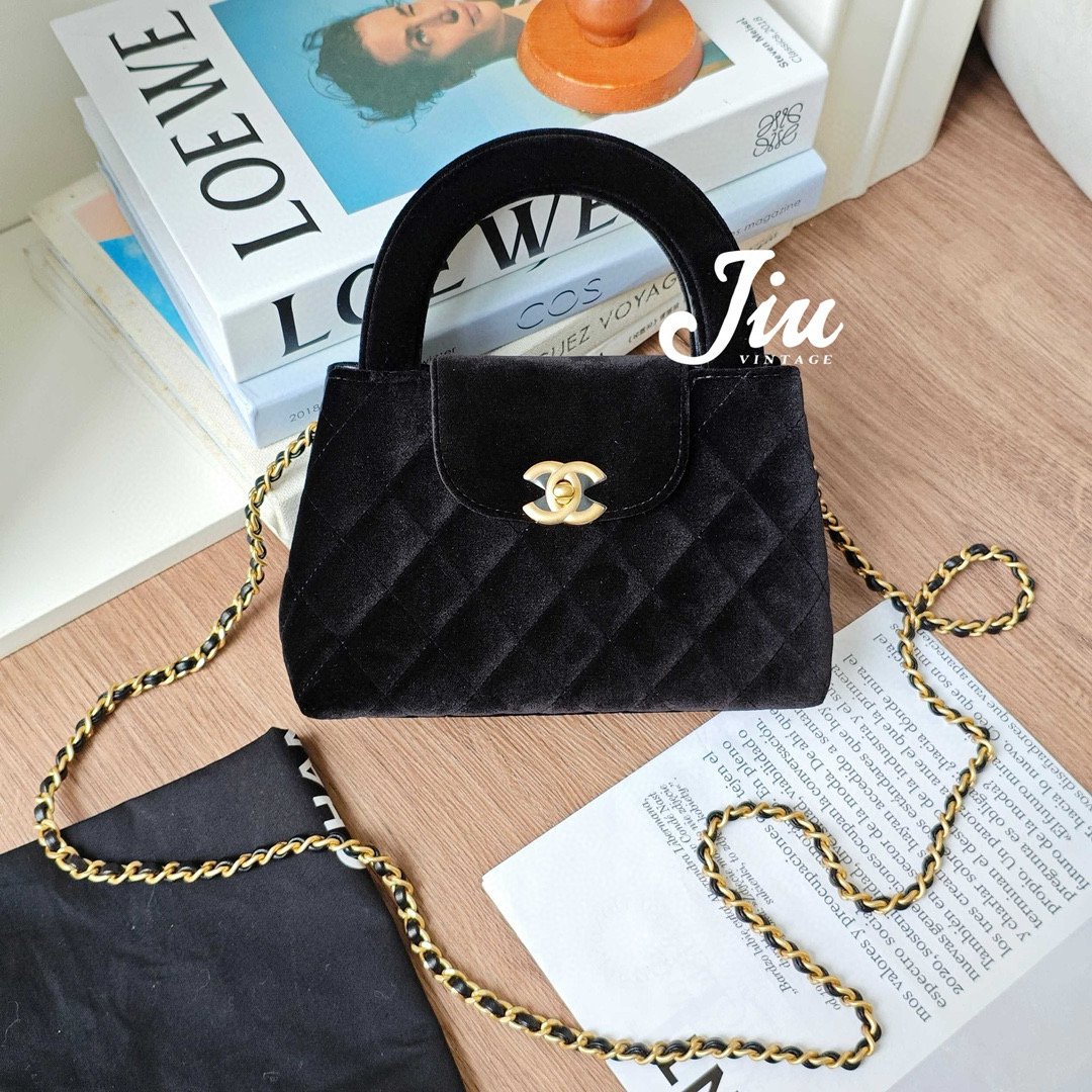 99新 Chanel/香奈儿 丝绒黑金Kelly手提包芯片JM2-7366