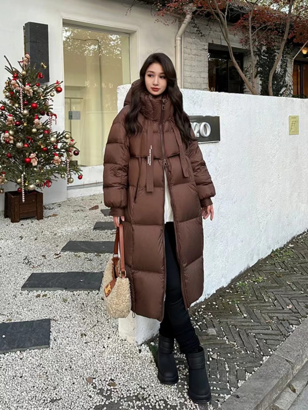 飘带长款过膝女同款加厚白鸭绒羽绒服