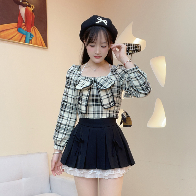 法式泡泡袖上衣女蝴蝶结格子衬衫百搭2025春季新款设计感纯欲短袖