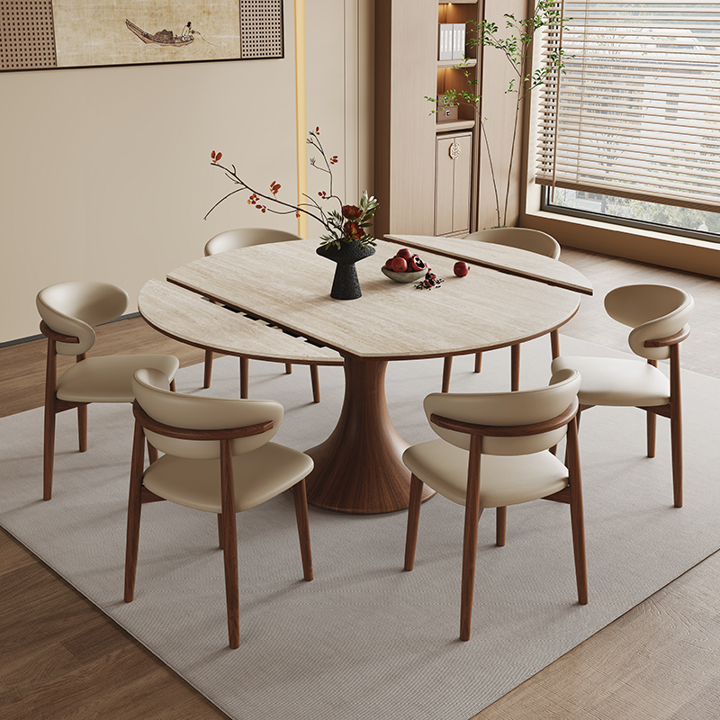 宋氏美学餐桌方圆两用伸缩桌子实木小蛮腰简约家用洞石岩板餐桌