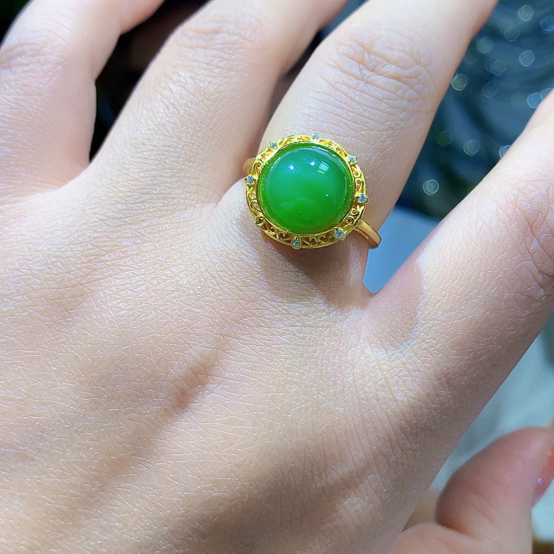 银S925镀金镶嵌戒指和田玉（碧玉）