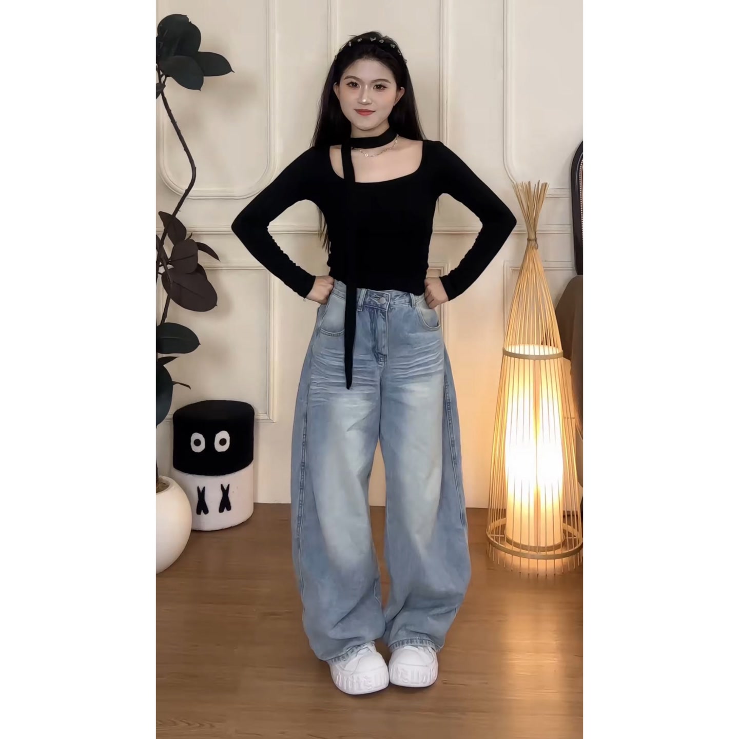 YOO[纯欲风]挂脖飘带设计感上衣一复古口袋刺高腰牛仔裤723一
