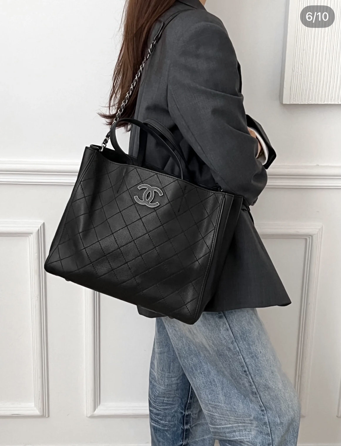 95新 Chanel/香奈儿 9848  Chanel黑银珐琅扣荔枝牛托特包 有卡18