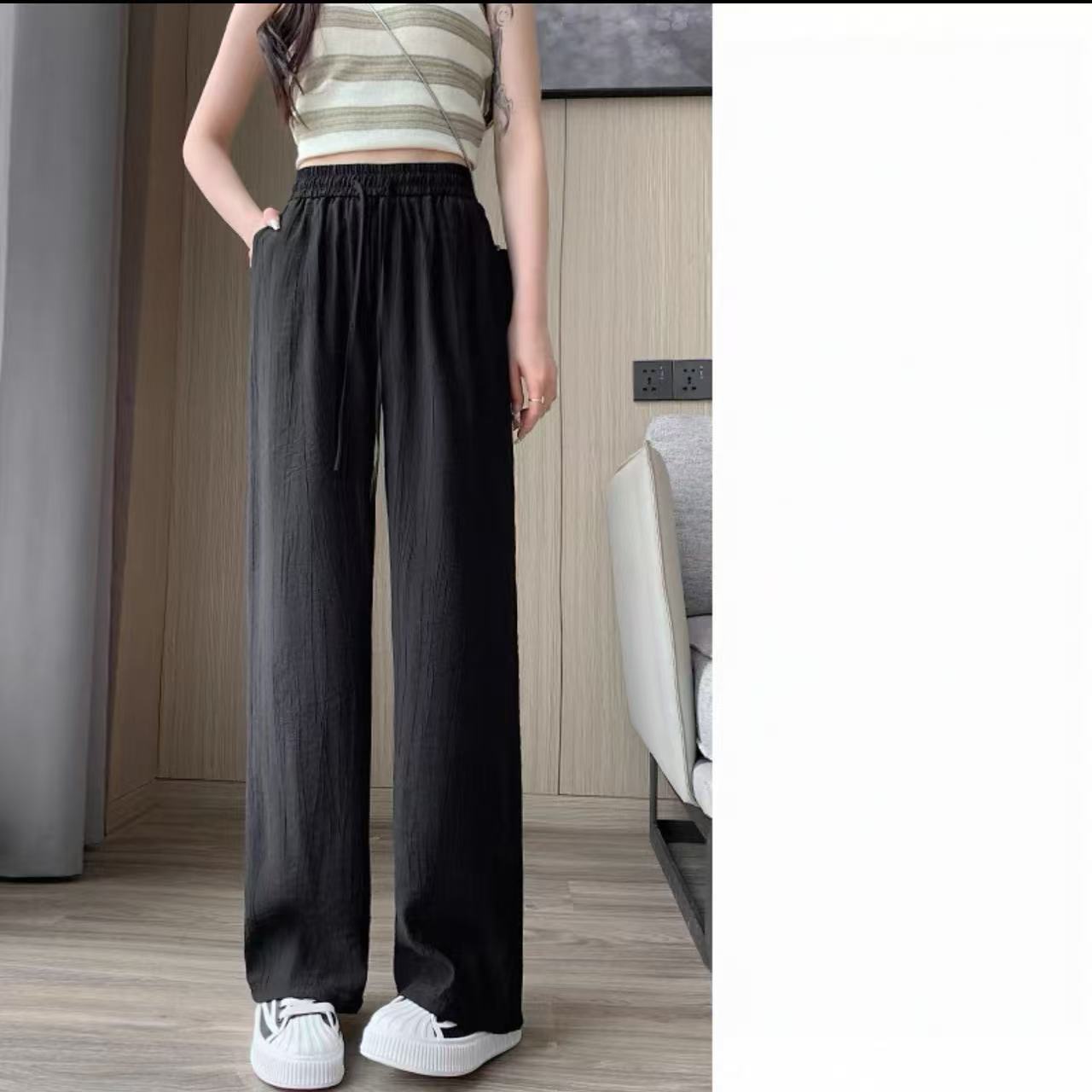 8398-透光不透肉（黑色）亚麻直筒裤